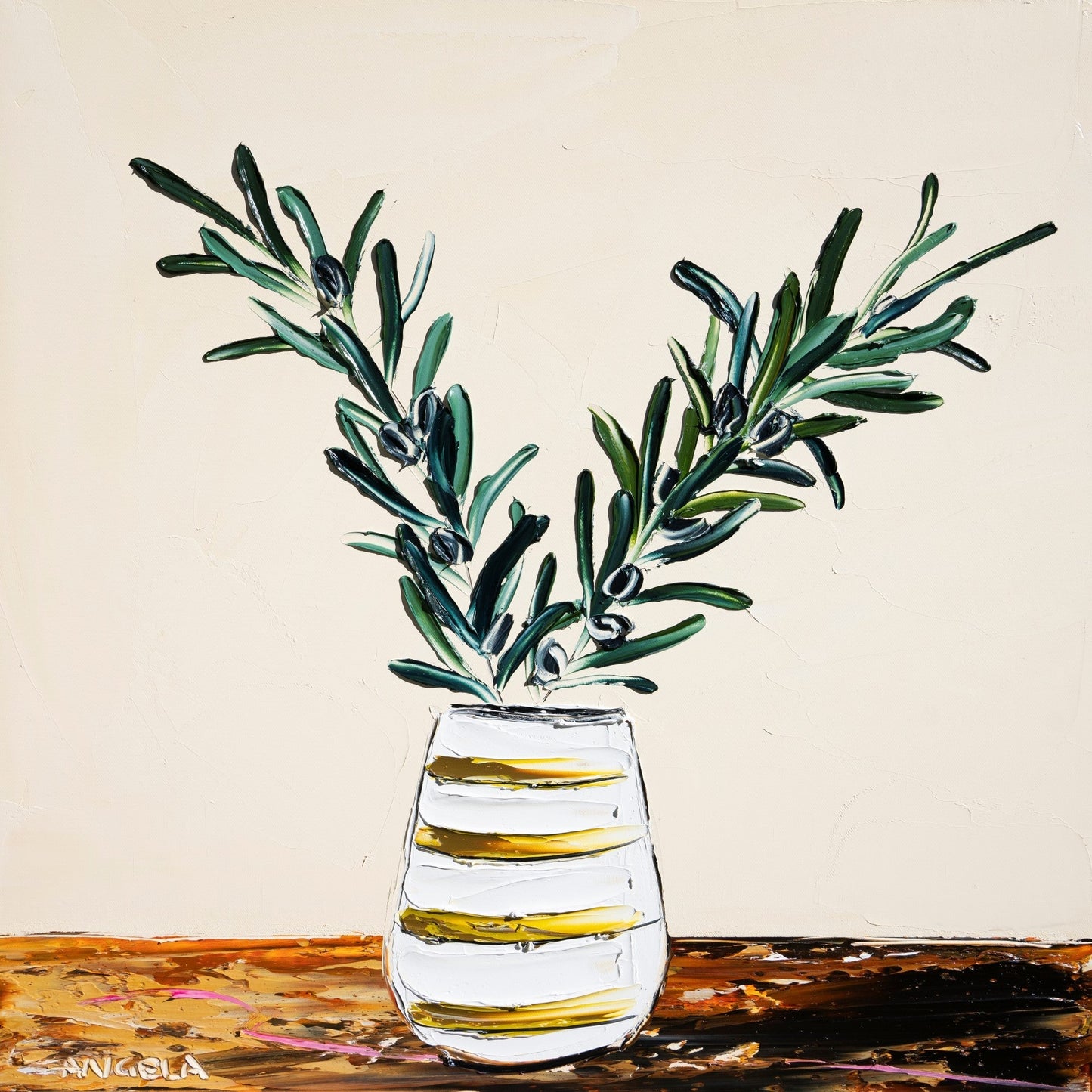 Olive Leaves And Mustard Stripes - Fine Art Print - Gold Coast Gallery Of ArtAngela Hawkey