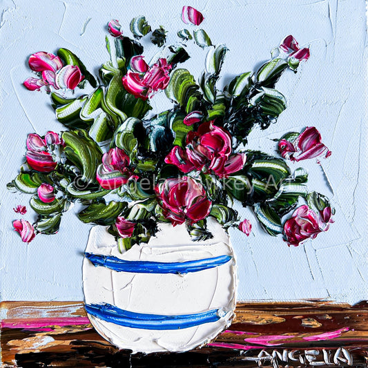 Pink Flowers, Blue Stripes