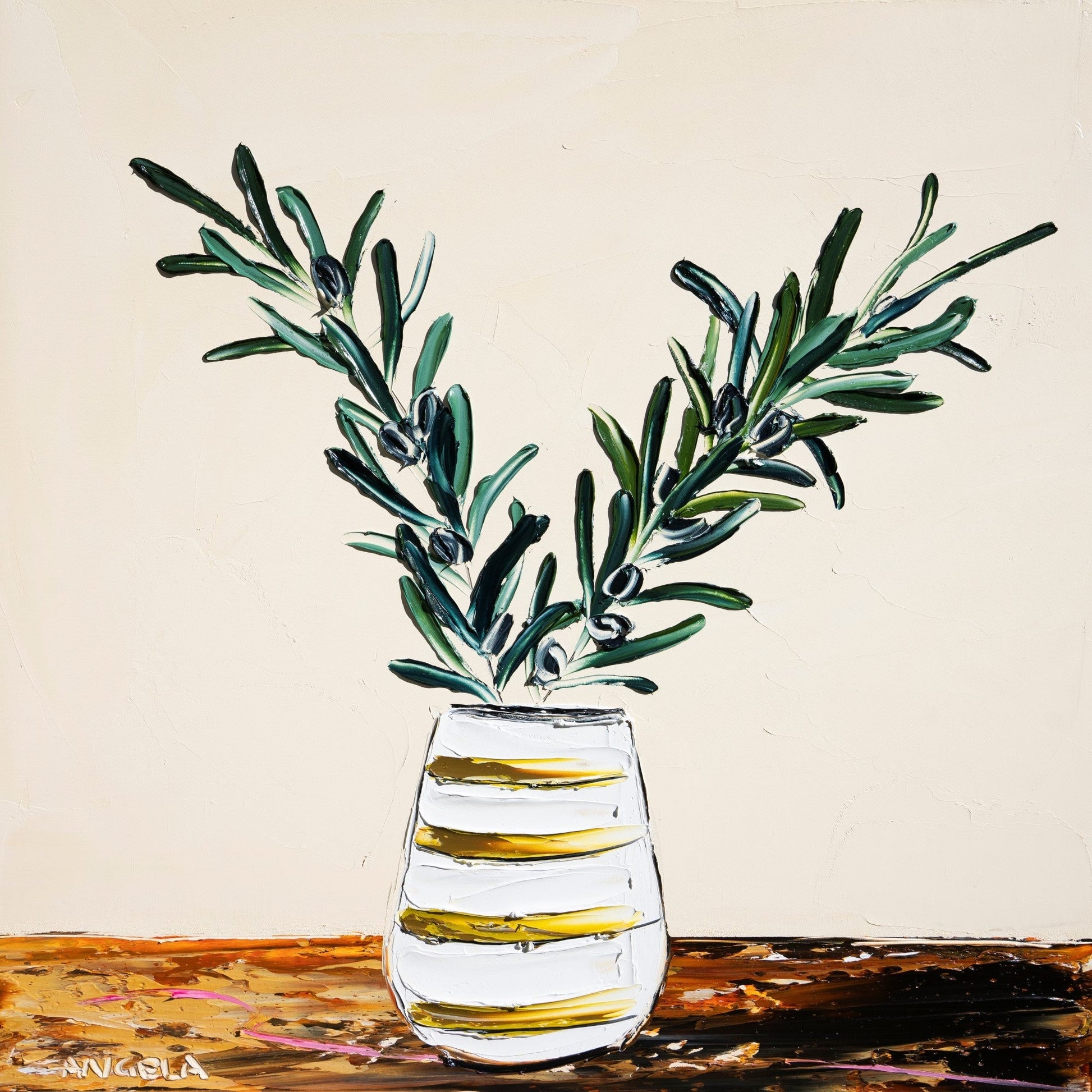 Olive Leaves And Mustard Stripes - Fine Art Print - Gold Coast Gallery Of ArtAngela Hawkey
