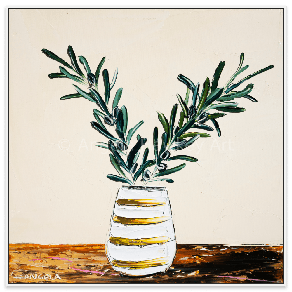 Olive Leaves And Mustard Stripes - Fine Art Print - Gold Coast Gallery Of ArtAngela Hawkey